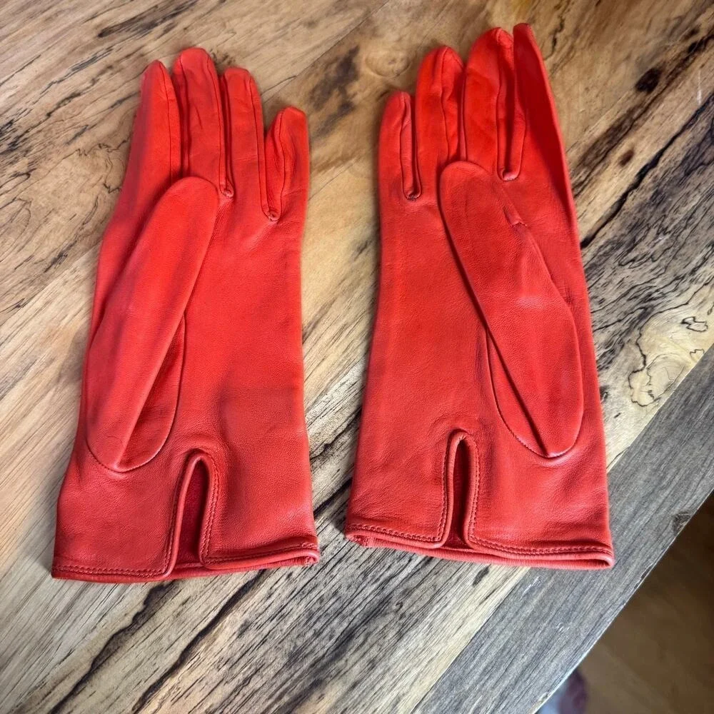 Loewe Vermillion Red Orange Sheepskin Leather Gloves Sz 6.5 Authentic CoA